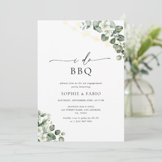 I Do BBQ Waterverf Eucalyptus Engagement Party Kaart (Staand voorkant)