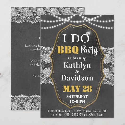 I DO Verloving Elegant Kant Chalkboard BBQ Party Kaart (Voorkant / Achterkant)