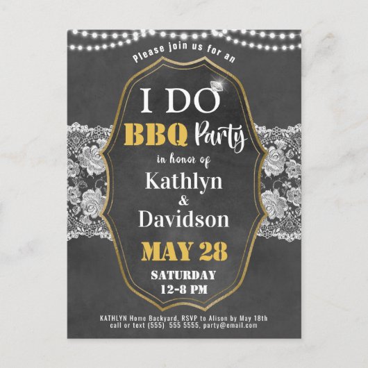 I DO Verloving Elegant Kant Chalkboard BBQ Party Uitnodiging Briefkaart (Voorkant)