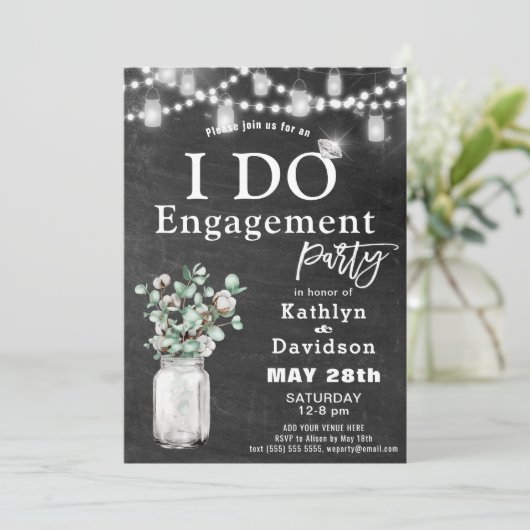I DO Verloving Eucalyptus Bloemen Chalkboard Party Kaart (Staand voorkant)