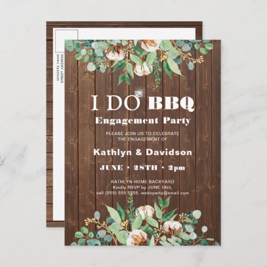 I DO Verloving Eucalyptus Bloemen Rustiek Hout BBQ Uitnodiging Briefkaart (Voorkant / Achterkant)