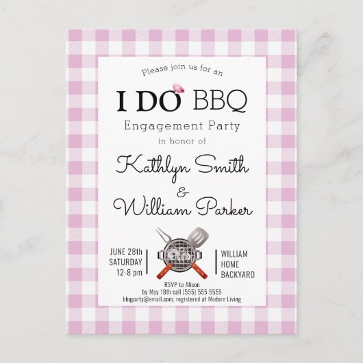 I DO Verloving Schattig Script Roze Plaid BBQ Uitnodiging Briefkaart (Voorkant)