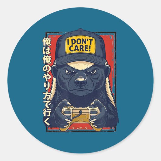 I Don’t Care - Honey Badger Gamer Design Ronde Sticker (Voorkant)