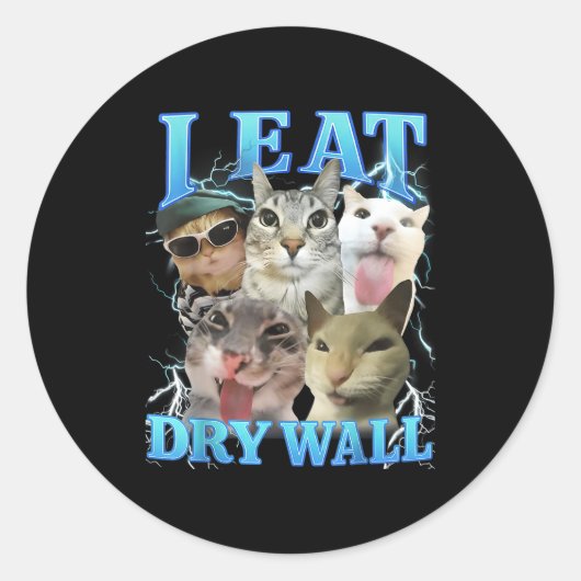 I Eat Dry Wall Funny Cat Meme  Ronde Sticker (Voorkant)
