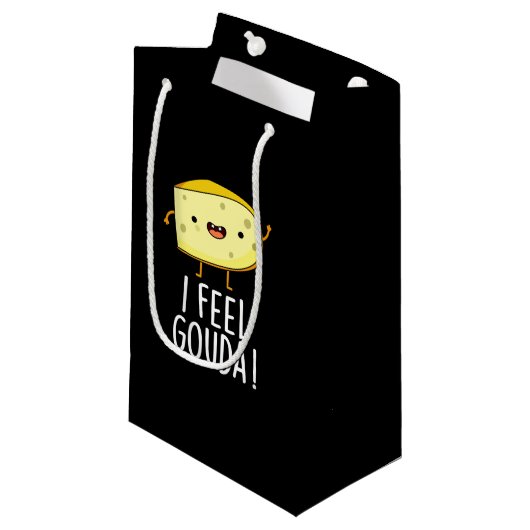 I Feel Gouda Funny Cheese Pun Dark BG Klein Cadeauzakje (Voorkant Gekanteld)