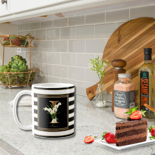 I Gold Floral Monogram   Zwarte witte gouden strep Koffiemok