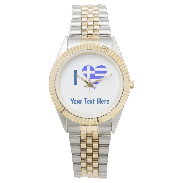 I (Griekse vlag Funky Heart) Blauwe Personalisatie Horloge (Voorkant)