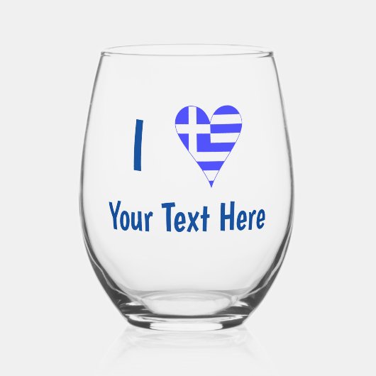 I (Griekse vlag Funky Heart) Jouw tekst Wijnglas Zonder Voet (Voorkant)