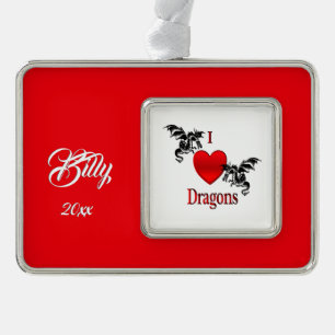 I Hart Draken Naam en Datum  Verzilverd Omlijst Ornament