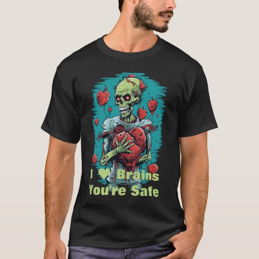 "I Heart Brains" Je bent veilig zombie T-shirt (Voorkant)