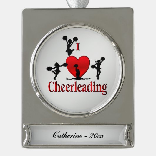 I Heart CheerLeading Name and Year Verzilverd Banner Ornament (Voorkant)