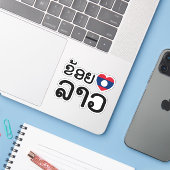I Heart (Love) Lao / Khoy Huk Lao (Laotiaans scrip Sticker (Laptop met iPhone)