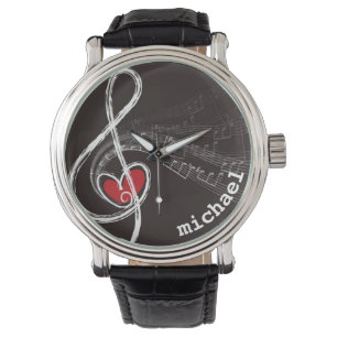 I HEART MUSIC Treble Clef Black Personalized Horloge