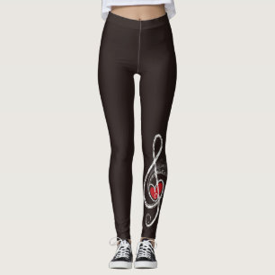 I HEART Music Treble Clef Black Red White Leggings