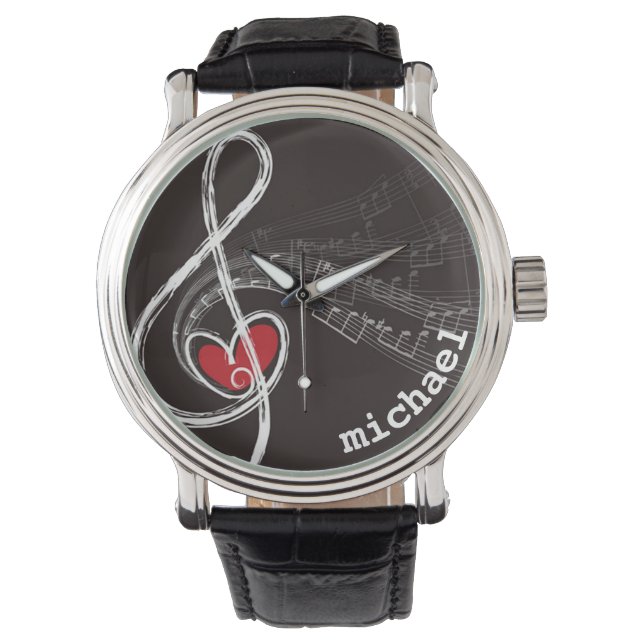 I HEART MUSIC Treble Clef Zwart Gepersonaliseerd Horloge (Voorkant)