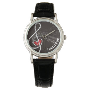 I HEART MUSIC Treble Clef Zwart Gepersonaliseerd Horloge