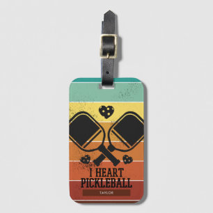 I Heart Pickleball Retro Stripes Monogram Naam Bagagelabel
