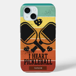 I Heart Pickleball Retro Stripes Monogram Naam iPhone 15 Case
