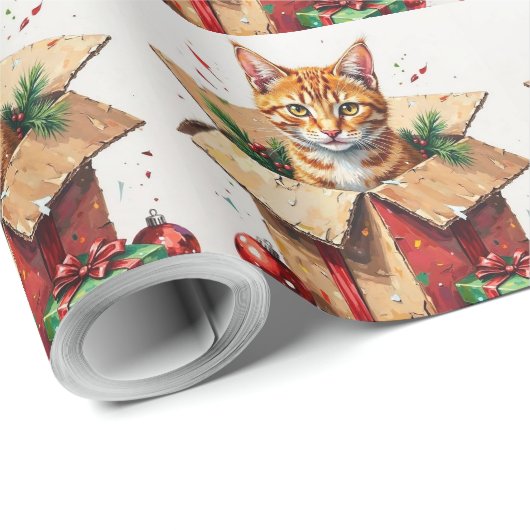I Help Unpack! Funny Cat in Christmas Shipping Box Cadeaupapier (Rol Hoek)