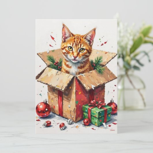 I Help Unpack! Funny Cat in Christmas Shipping Box Feestdagenkaart (Staand voorkant)