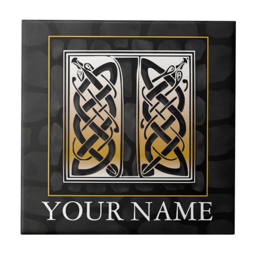 I "Jouw naam" Celtic Black Stone Monogram Tegel Tegeltje (Voorkant)