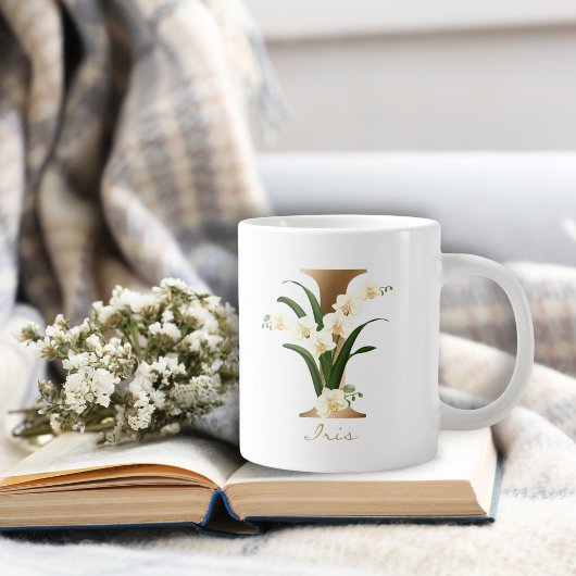 I Letter Gold Monogram | Floral-orchideeën Grote Koffiekop
