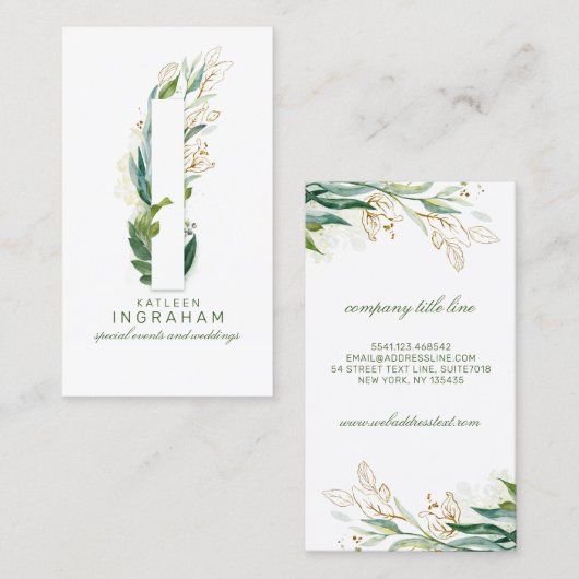 I Letter Monogram Gold Greenery Leaves Elegant Visitekaartje (Voorkant / Achterkant)