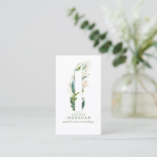 I Letter Monogram Gold Greenery Leaves Elegant Visitekaartje (Staand voorkant)