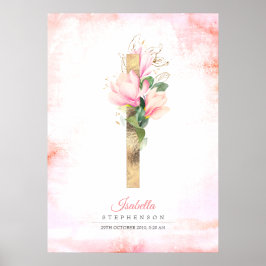 I Letter Monogram Gouden Bladeren Roze Magnolia Bl Poster