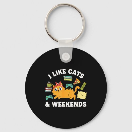 I Like Cats And Weekends Lover Funny Cozy Gamer Qu Sleutelhanger (Voorkant)