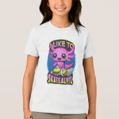 "I Like To Skatealotl" Roller Skating Axolotl Pink Tri-Blend Shirt (Voorkant)