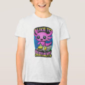 "I Like To Skatealotl" Roller Skating Axolotl Pink Tri-Blend Shirt (Voorkant)