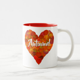 I Love Autumn, Bold—Red Aspen Leaf Heart 1 Tweekleurige Koffiemok