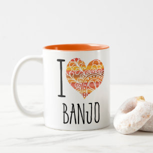 I Love Banjo Oranje Mandala Heart Tweekleurige Koffiemok