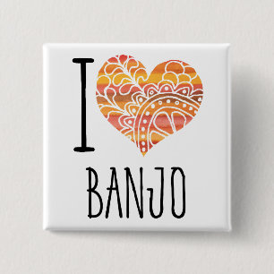 I Love Banjo Oranje Mandala Heart Vierkante Button 5,1 Cm
