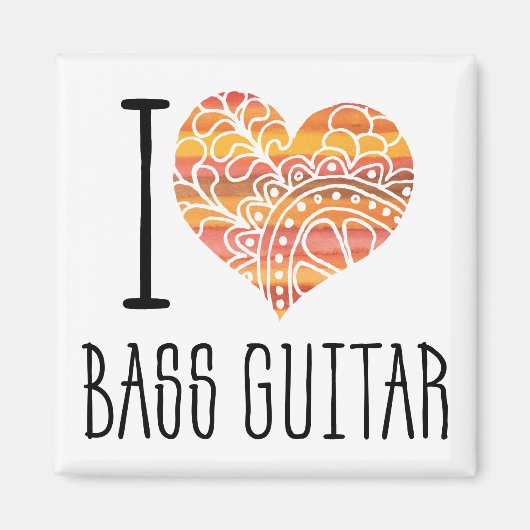 I Love Bass Guitar Oranje Mandala Heart Magneet (Voorkant)