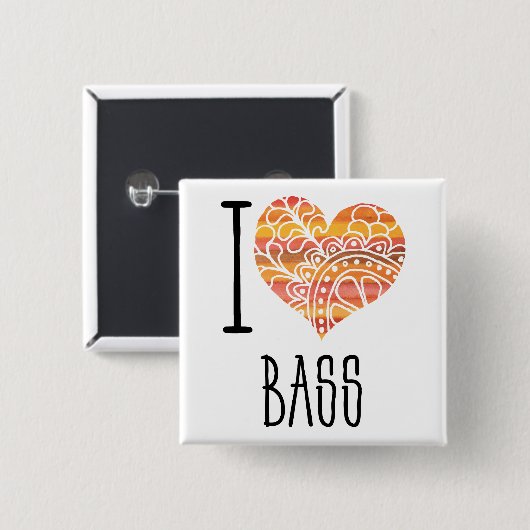 I Love Bass Oranje Mandala Heart Vierkante Button 5,1 Cm (Voorkant /achterkant)
