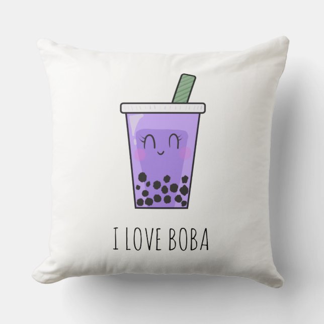 I Love Boba Kawaii Bubble Tea Taro Ube Paars Kussen (Voorkant)