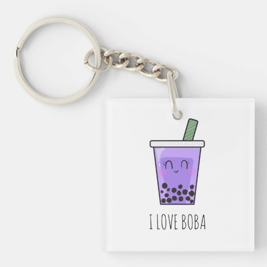 I Love Boba Kawaii Bubble Tea Taro Ube Paars Sleutelhanger (voorkant)