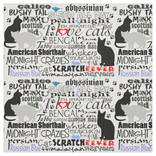 I Love Cats Black & White Newsprint Typography Stof (Swatch)