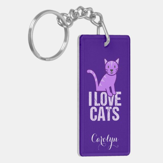 I Love Cats Paars Custom Sleutelhanger (Voorkant Links)