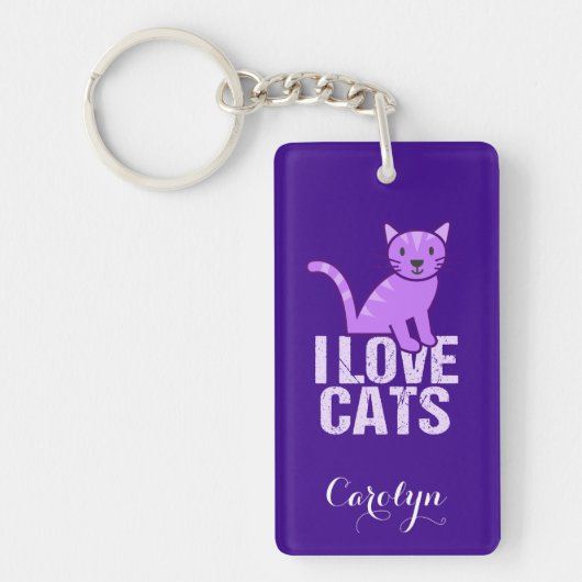 I Love Cats Paars Custom Sleutelhanger (Voorkant)