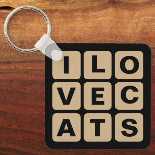 I Love Cats Tan en Black Letter Blocks Button Sleutelhanger
