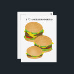 I Love Cheeseburgers Briefkaart<br><div class="desc">* National Cheeseburger Day is observed on September 18th. * Legend has it that at teenager, Lionel Sternberger, while working at his father's diner, accidently dropped a slice of cheese on a sizzling burger, created the cheeseburger. * The three burgers (Double Decker Hamburger, Regular Cheeseburger and Kiddie Burger) are separate...</div>