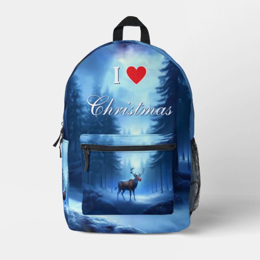 I Love Christmas Blue Winter Reindeer Bedrukte Rugzak (Voorkant)