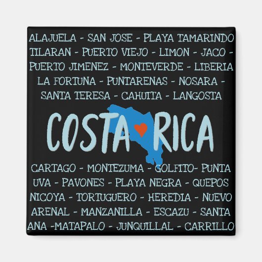 I Love Costa Rica Map Names of Cities Souvenir Magneet (Voorkant)