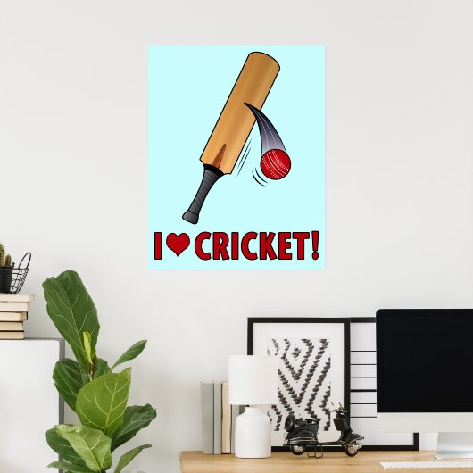 I Love Cricket Bat and Ball Poster (Thuiskantoor)