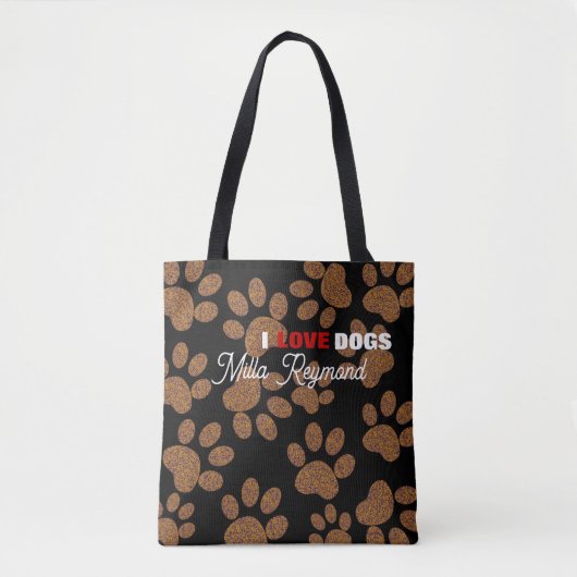 I Love Dogs Personalized Black Tote Bag (Voorkant)