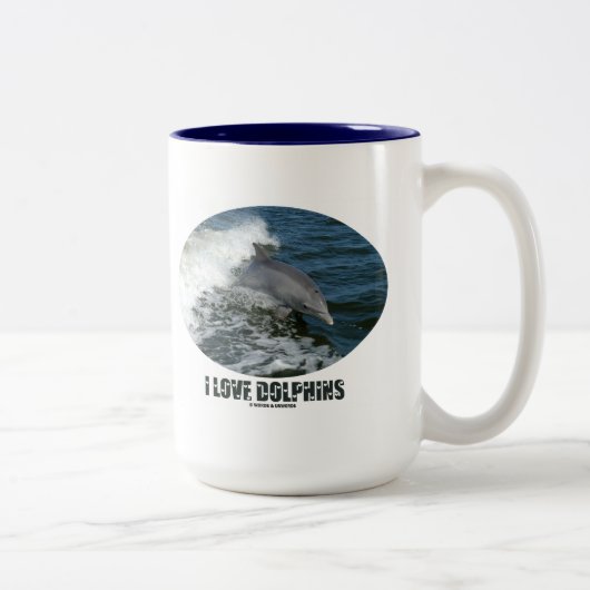 I Love Dolphins (Bottlenose Dolphin Baching) Tweekleurige Koffiemok (Rechts)