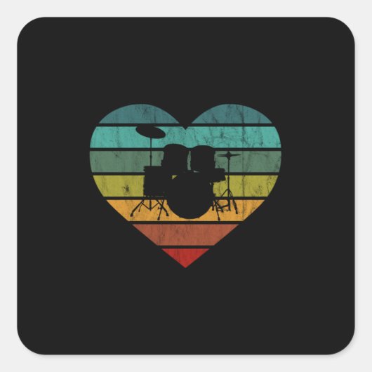 I Love Drums Retro Heart Vierkante Sticker (Voorkant)